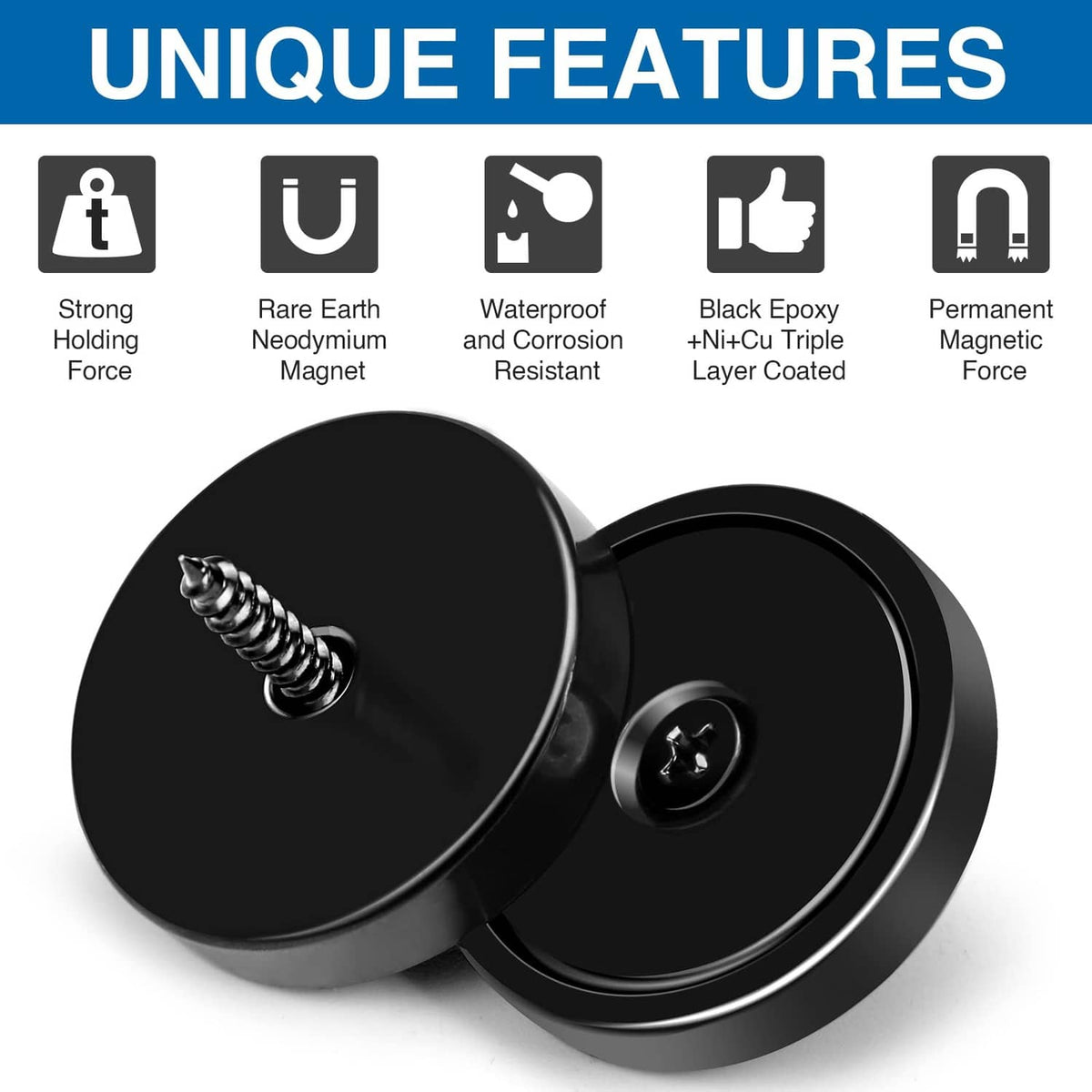 Black round magnets with threaded mounting screws and countersunk center holes