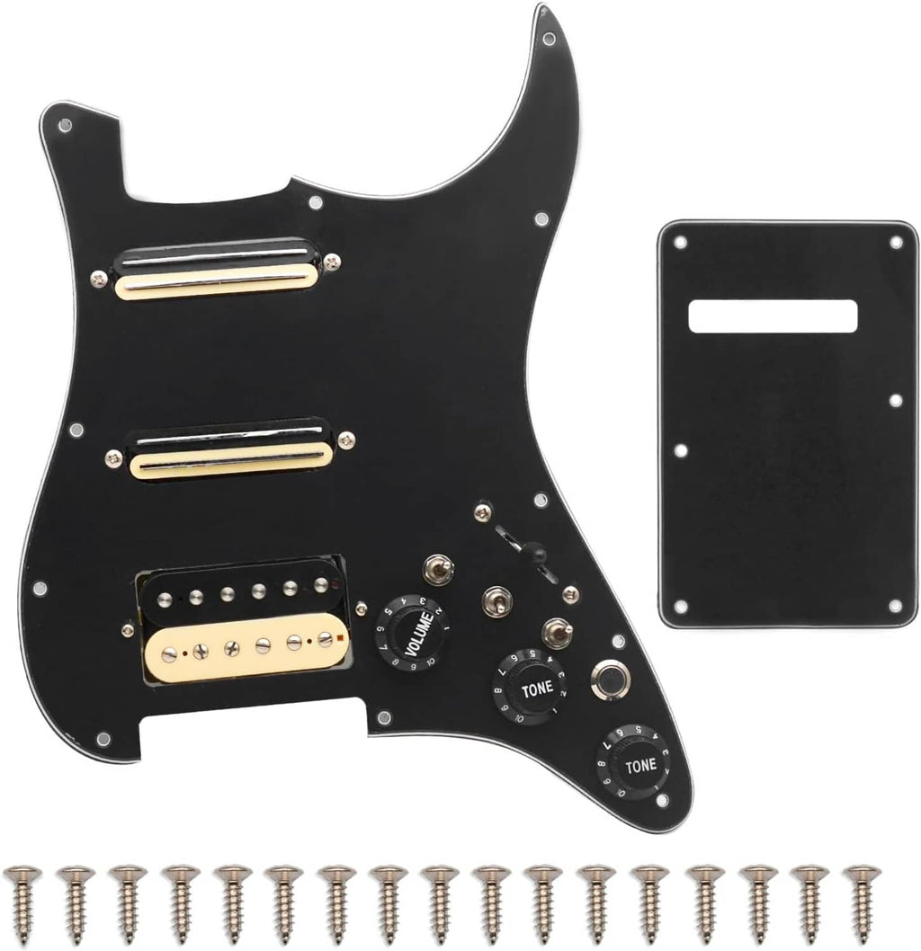 Black electric guitar pickguard with 2 mini humbuckers, 1 humbucker, knobs, screws