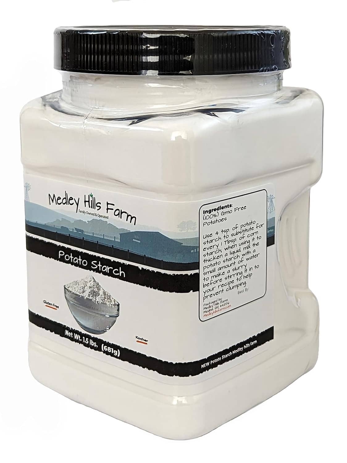 Potato starch jar with side panel label and black ribbed cap, white powder inside.