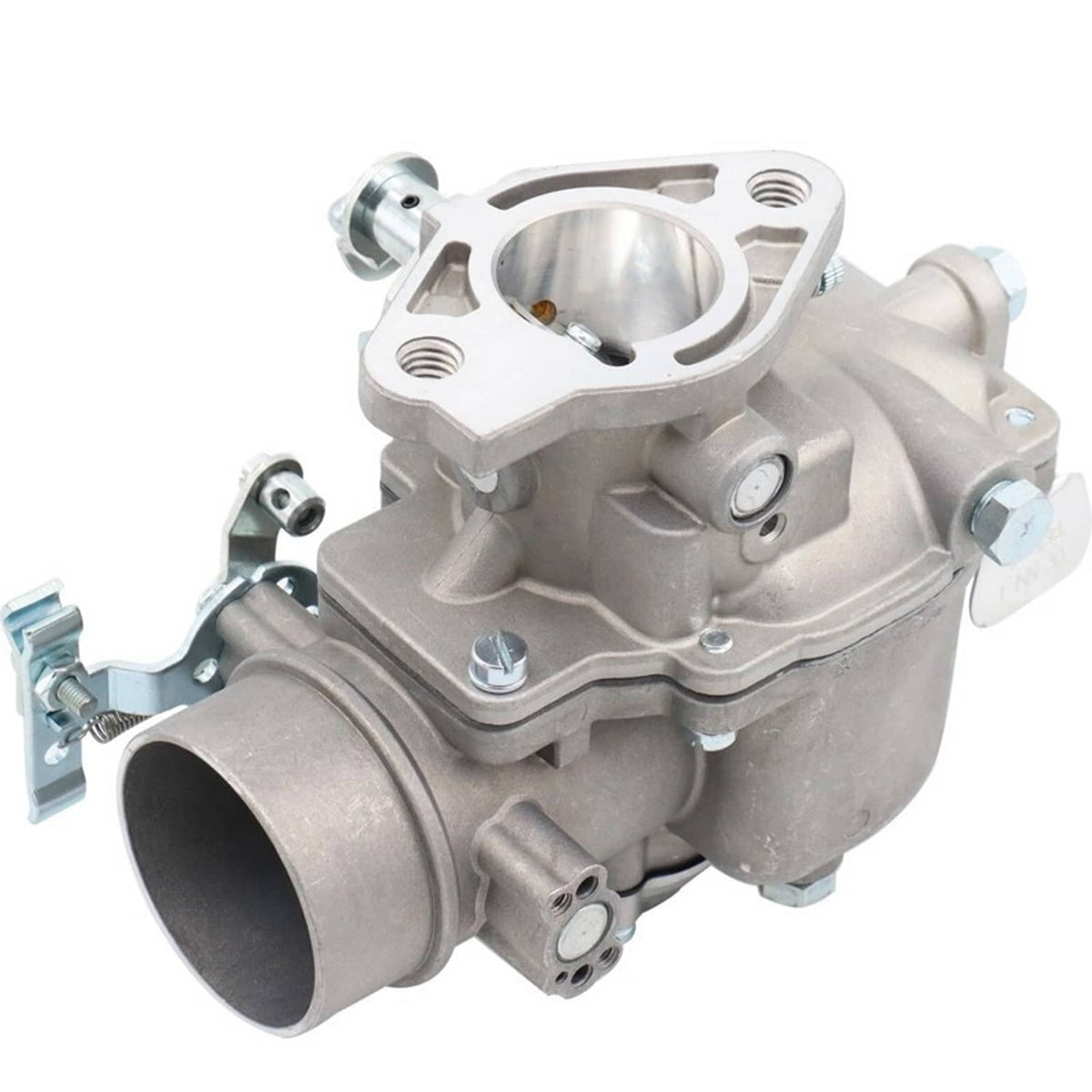 Gray metal carburetor with large round intake opening and top adjustment hardware
