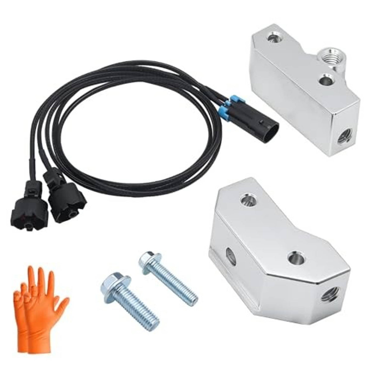 Silver knock sensor relocation brackets with black wiring harness and mounting bolts