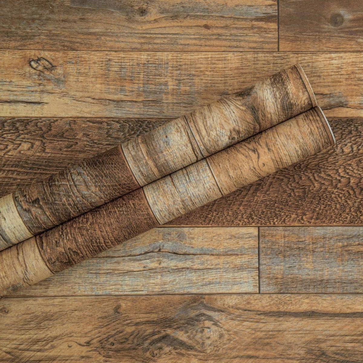 Peel-and-stick shiplap wood wallpaper roll, rustic brown and gray plank texture