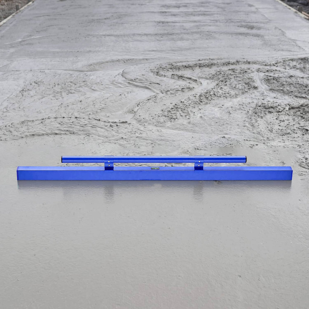 Blue aluminum screed board placed on gray concrete for smoothing a flat surface