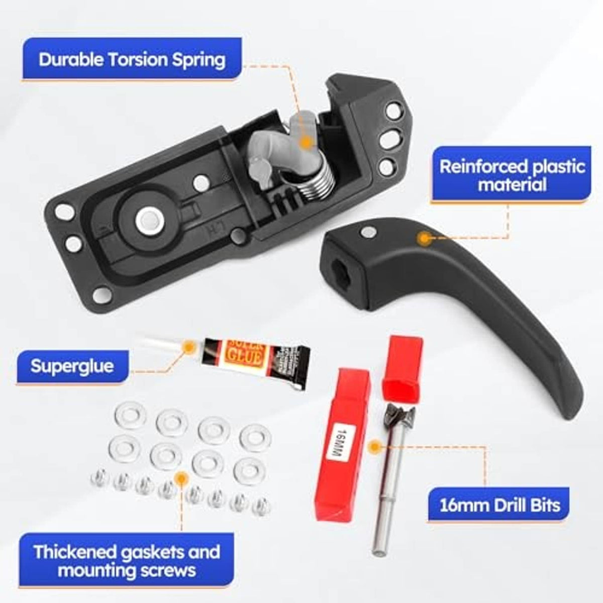 Door handle kit parts layout: black handle, spring, screws, washers, drill bits