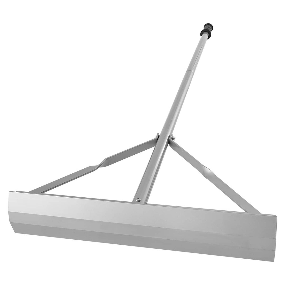 Landscape rake with aluminum head, support frame, and long gray handle