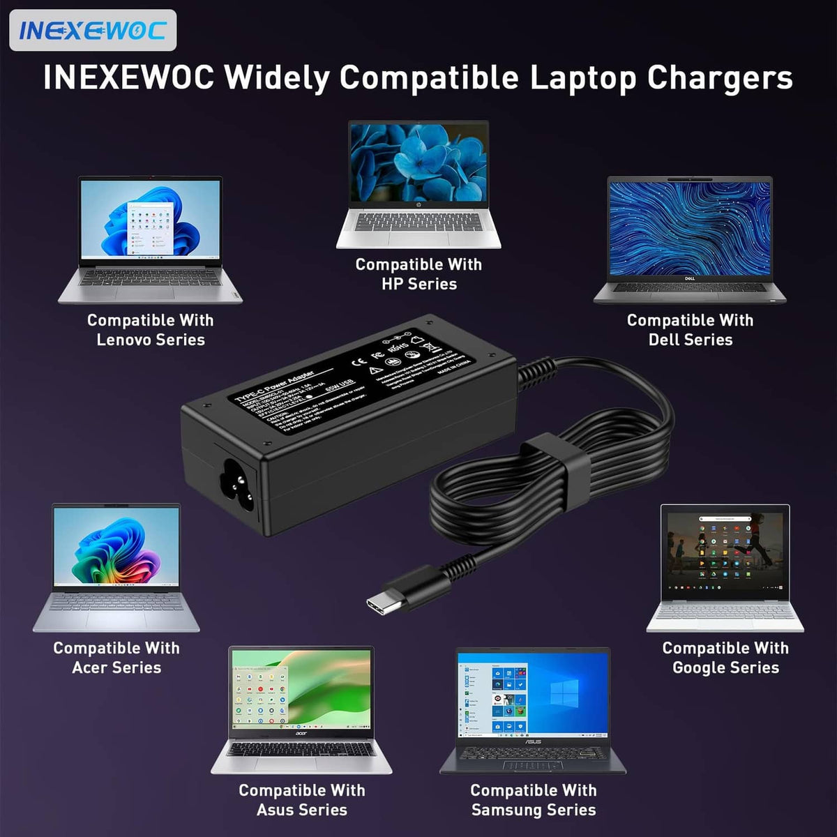 Black 65W USB-C laptop charger with USB-C cable