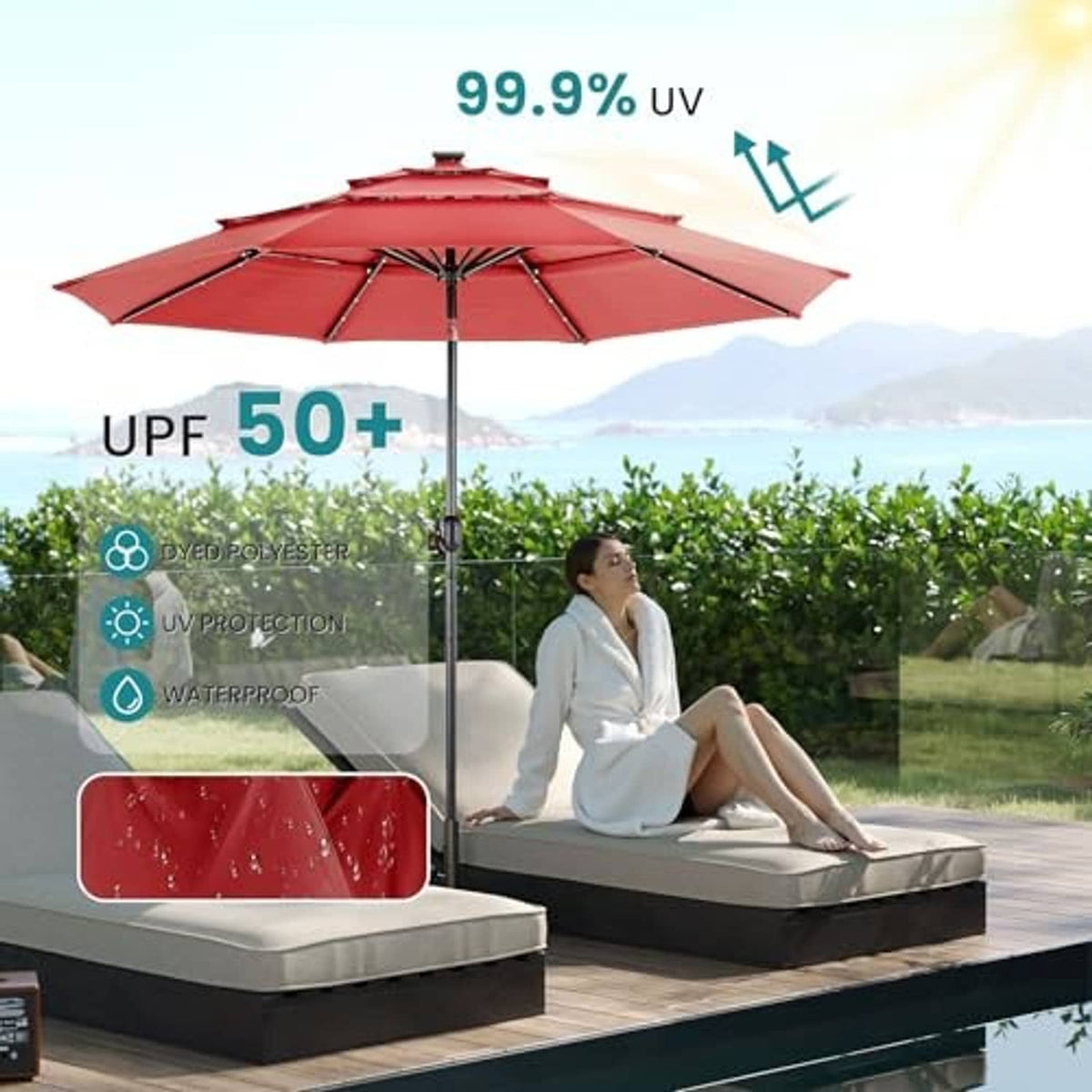 Red solar patio umbrella with LED lights and UV protection icon overlay