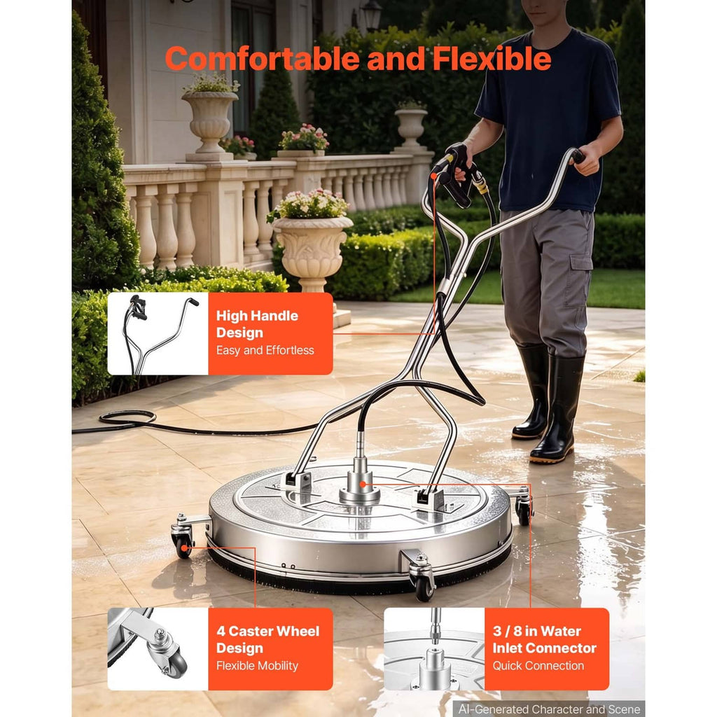 Pressure washer surface cleaner with long handle and four caster wheels