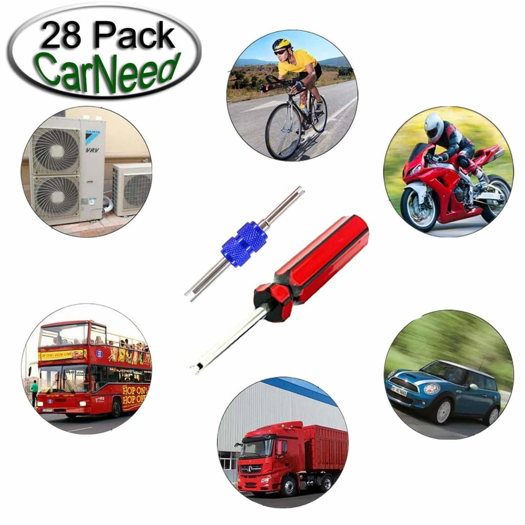 Tire valve core tool kit with red driver, blue adapter, and metal extension rods