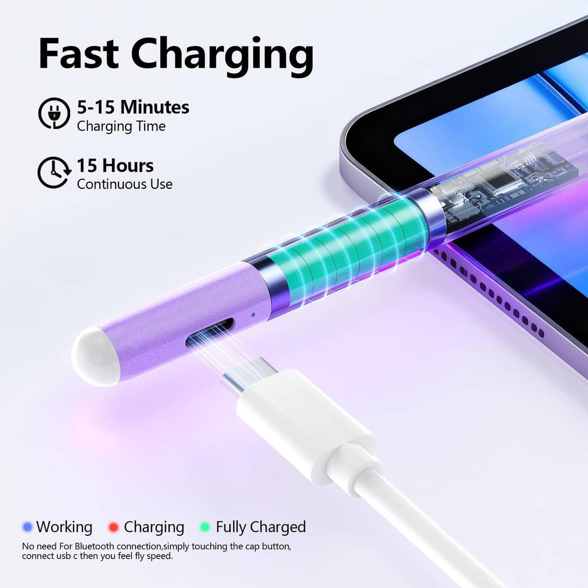 Purple stylus pen with charging port, connected to a white cable
