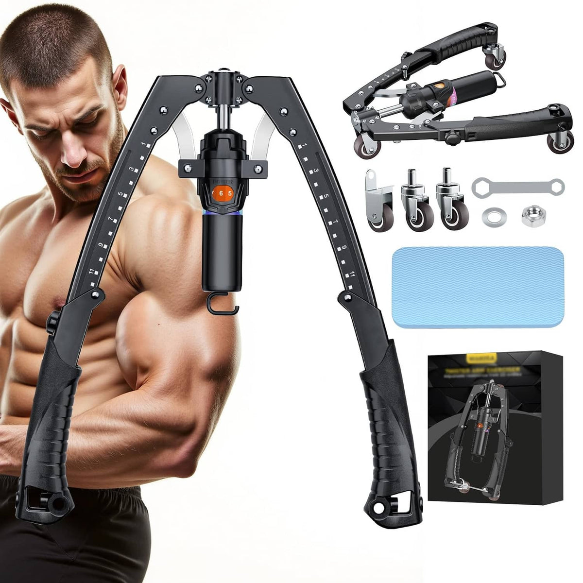 Hydraulic arm trainer with dual handles, black padded grips, and adjustable frame