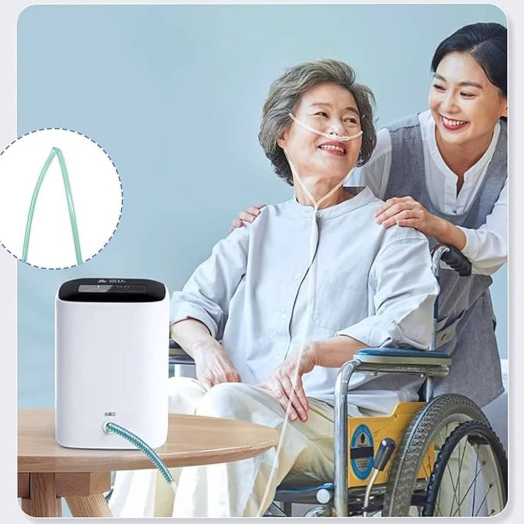 Blue nasal cannula tubing with crimp straighteners for oxygen therapy in wheelchair