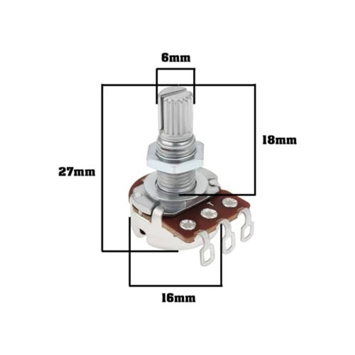 Linear potentiometer knob with split shaft; shown with dimensions, 18mm body length