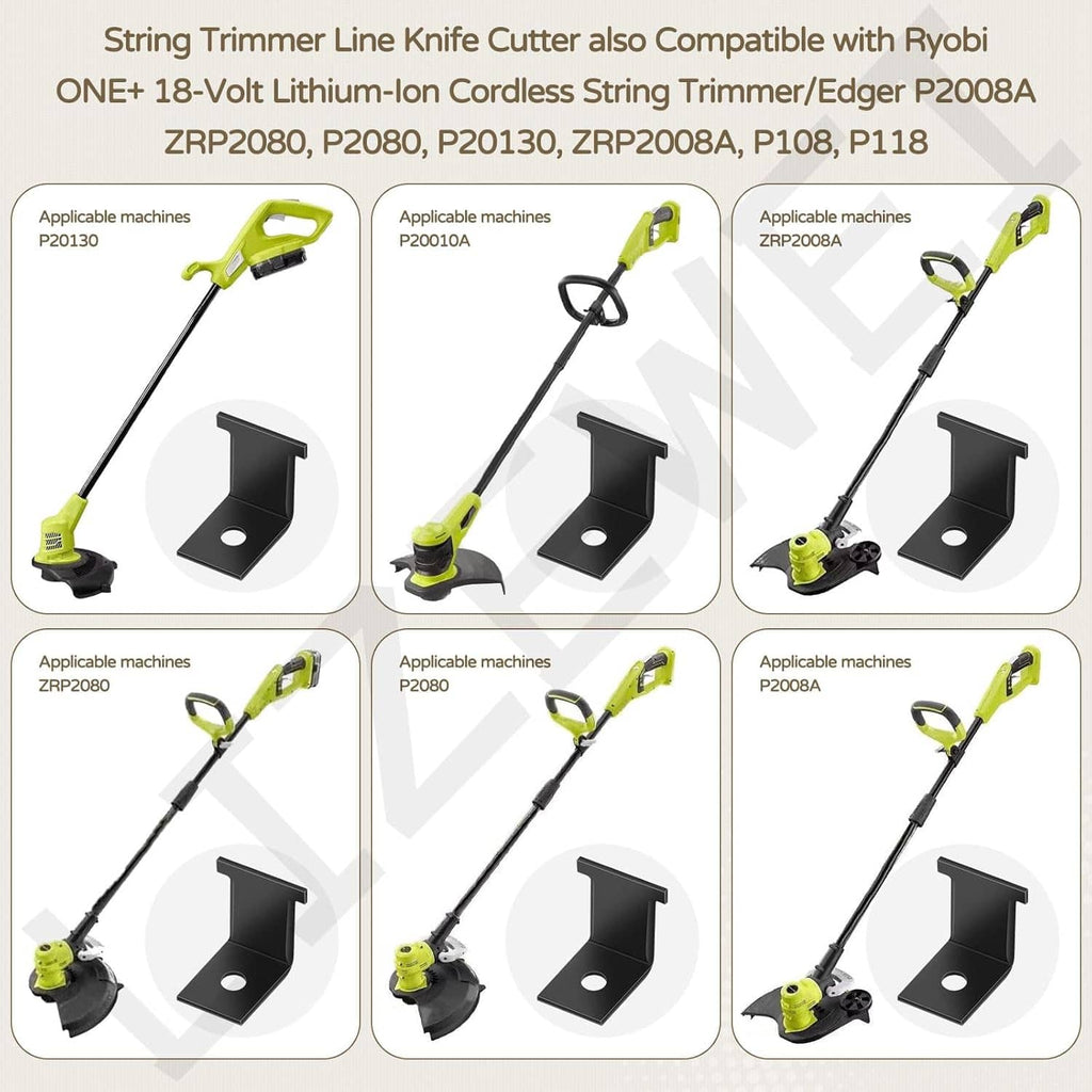 Two-piece string trimmer line cutter blade mount set shown in compatibility diagrams