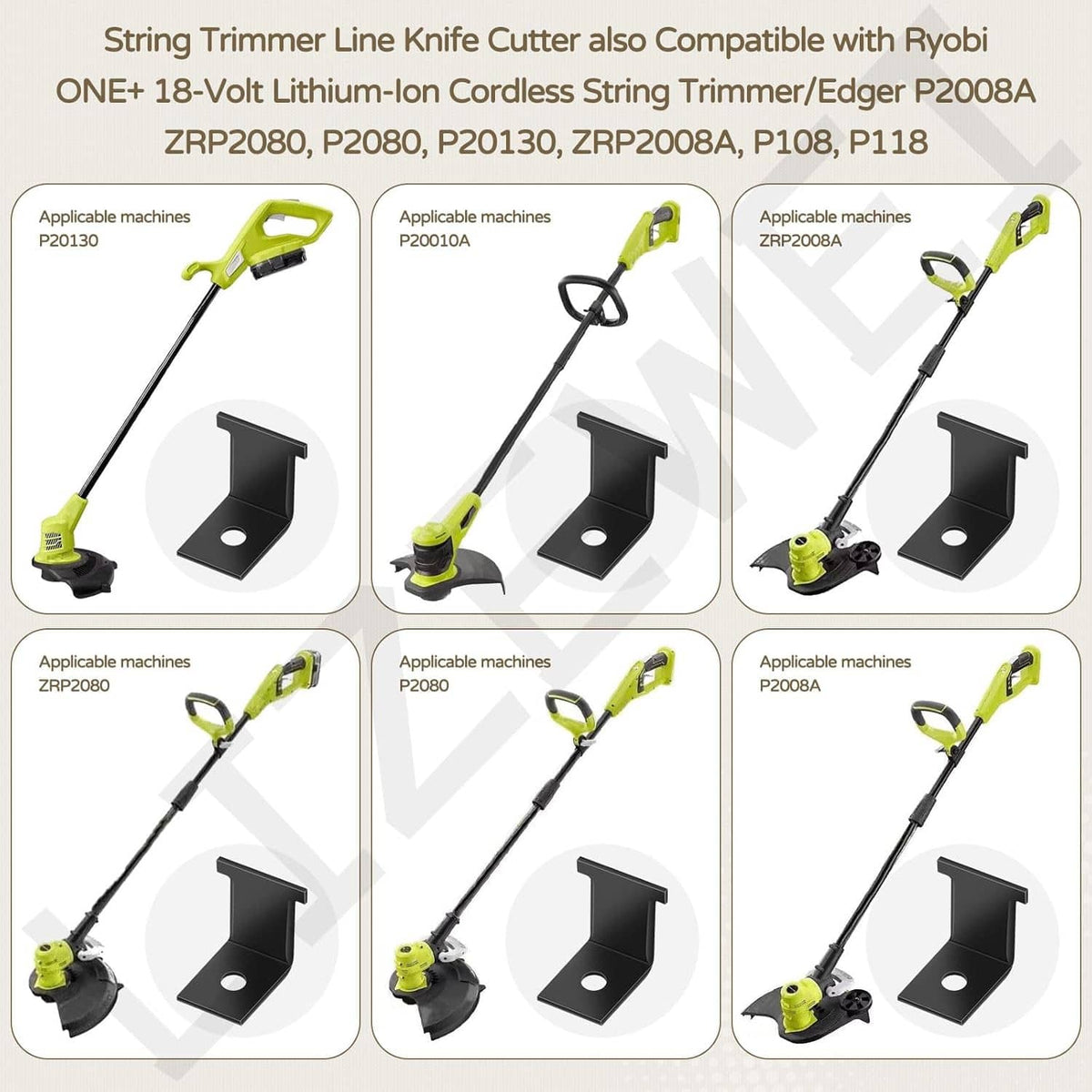 Two-piece string trimmer line cutter blade mount set shown in compatibility diagrams