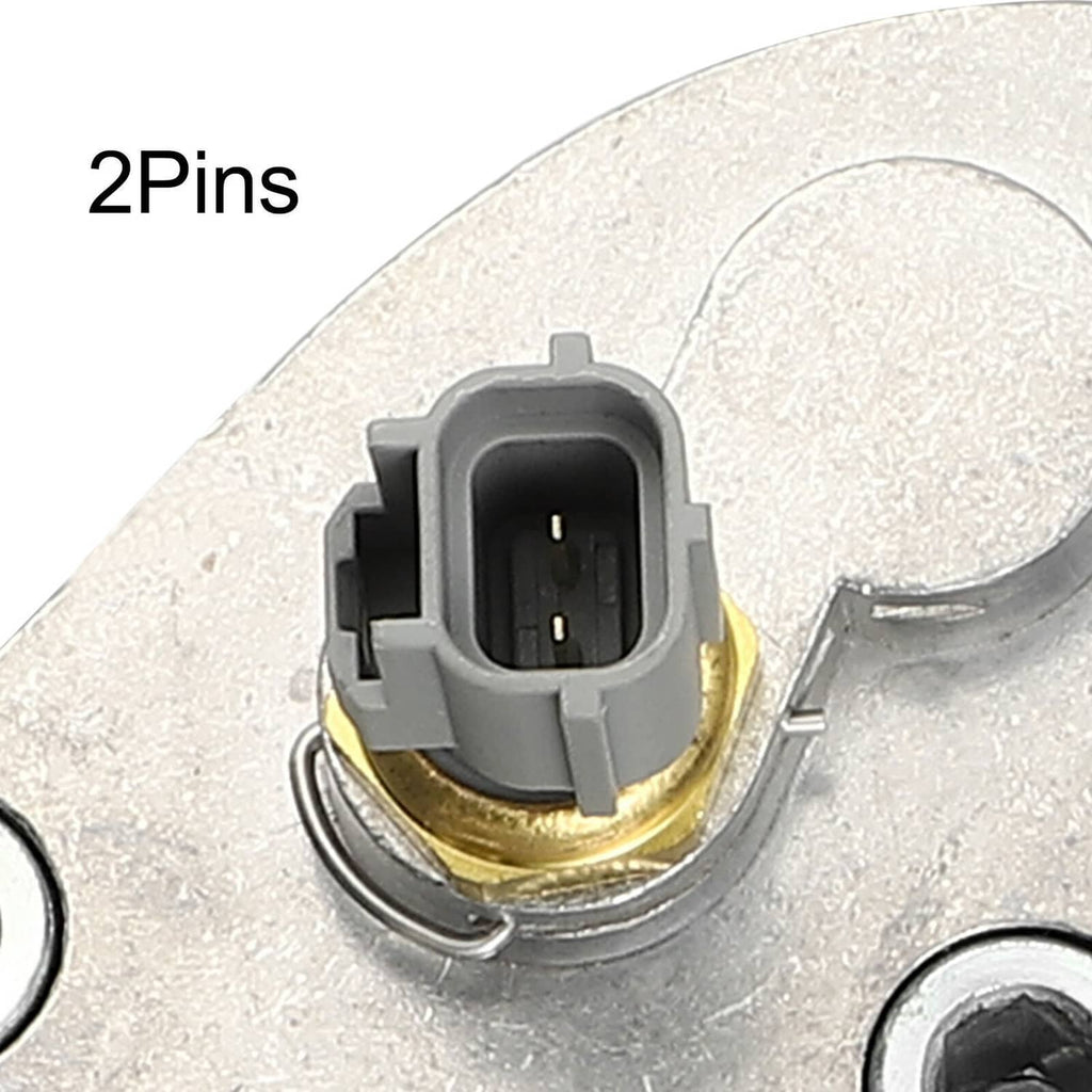 Aluminum thermostat housing close-up of 2-pin electrical connector and metal contacts