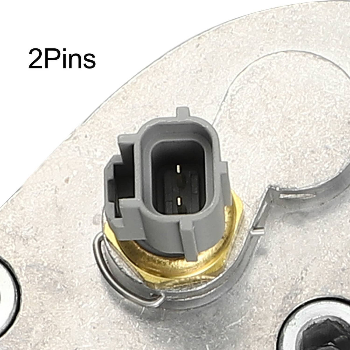 Aluminum thermostat housing close-up of 2-pin electrical connector and metal contacts