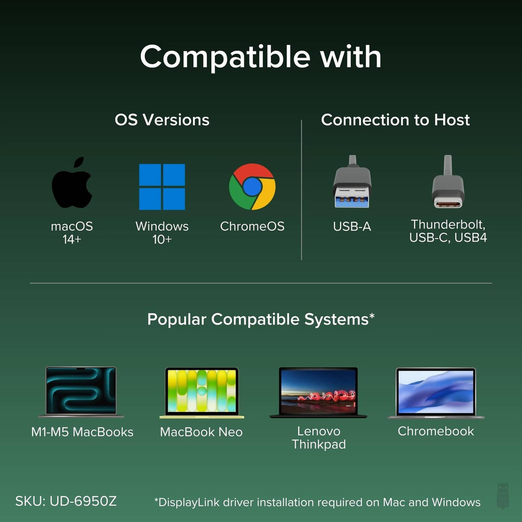 Black docking station compatibility diagram with laptop and computer system icons