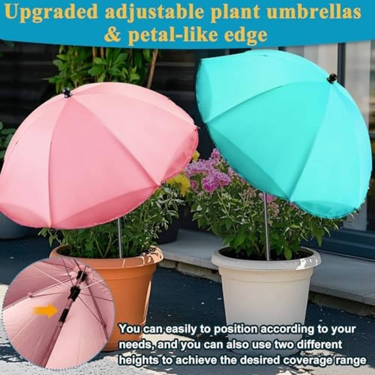 Adjustable plant sunshade umbrellas in pink and teal with rounded, scalloped edge