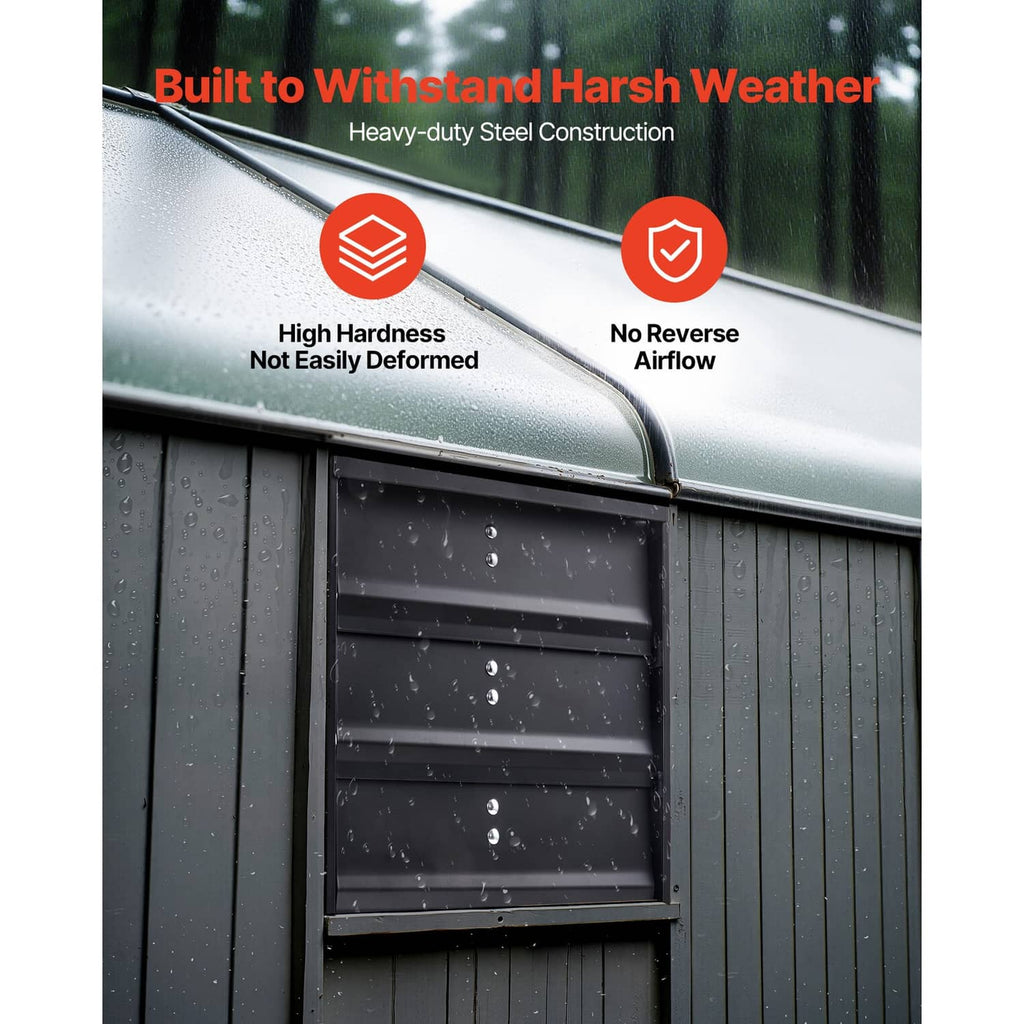 Wall-mount shutter exhaust fan with metal shutter frame and water droplets