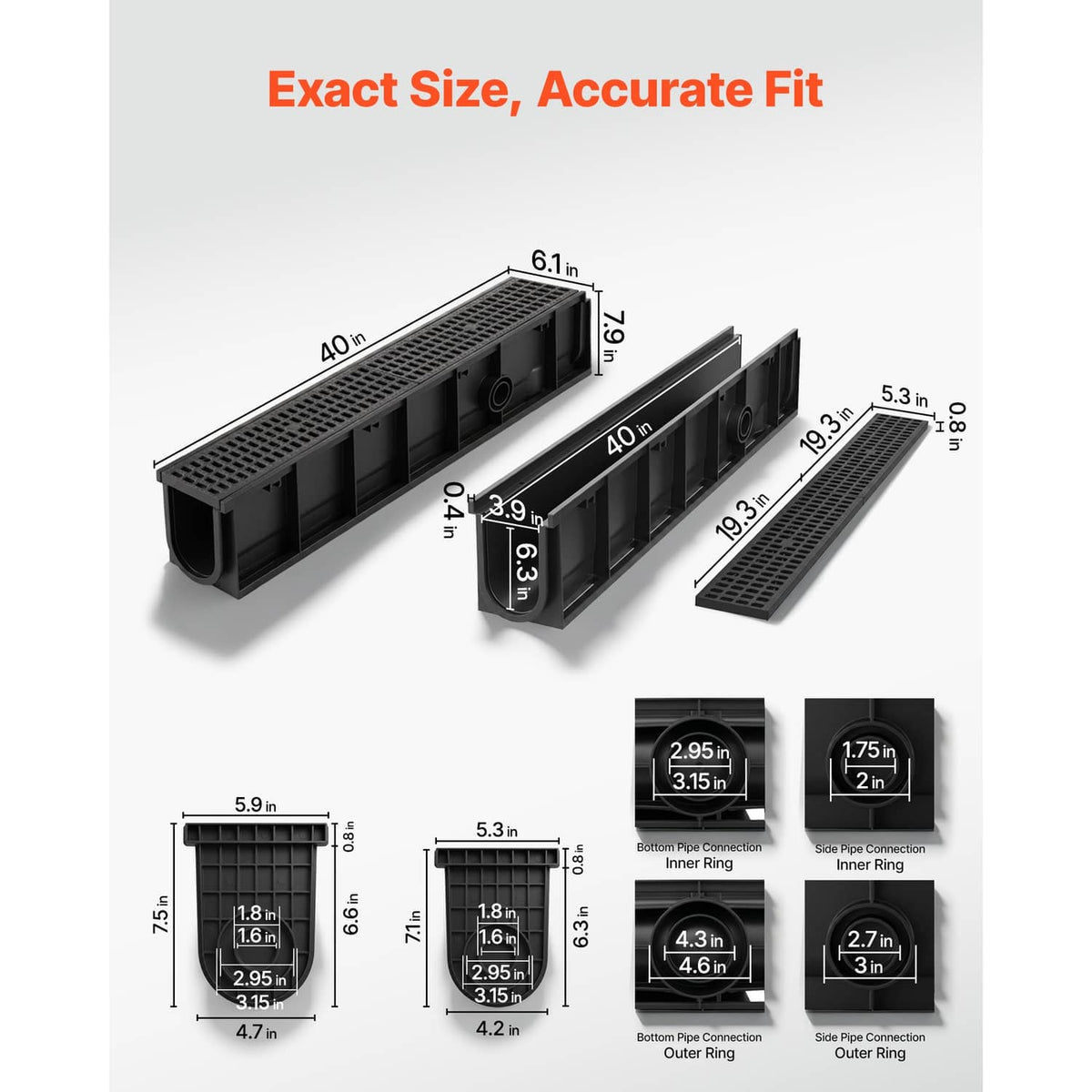 Black linear drainage channel with connection ports and depth channel design diagram