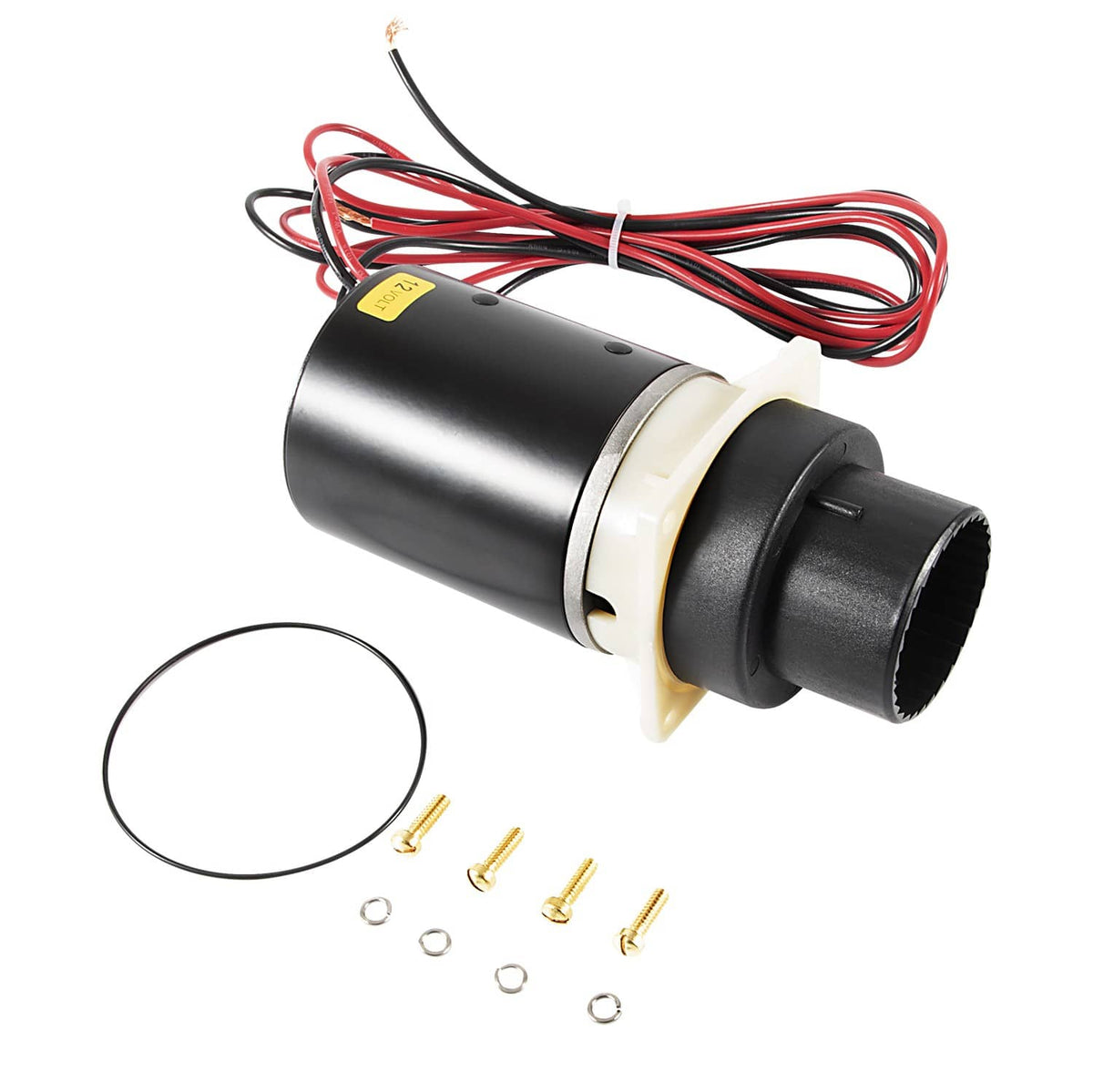 12V electric toilet motor pump with red/black wiring and mounting hardware included