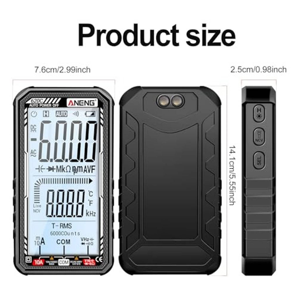 Black digital multimeter shown from front, back, and side in size views