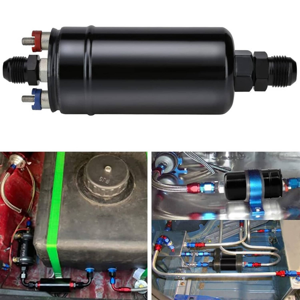 Inline electric fuel pump with dual hose fittings and electrical connection leads, mounted