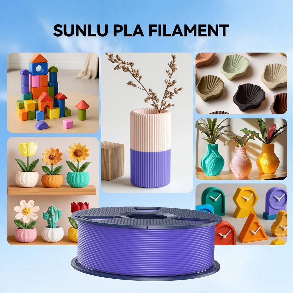 PLA 3D filament spool with purple filament coil on a circular grey reel