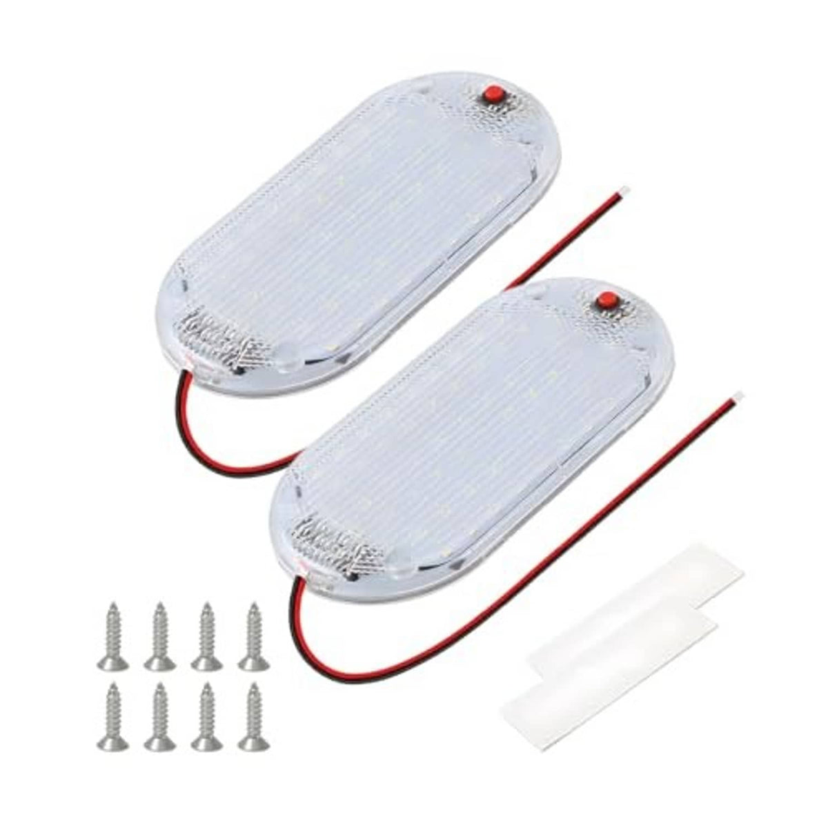 Two oval LED dome lights with clear diffuser lens, red-black power leads, and mounting screws