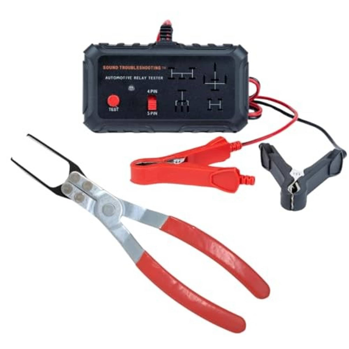 Automotive relay tester kit with black tester module, red relay puller, and jumper cables.