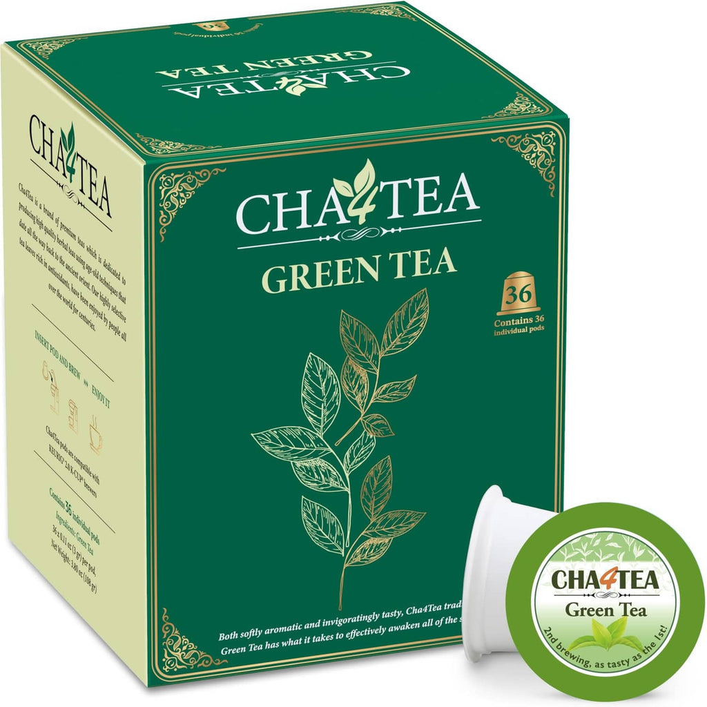 Cha4tea green tea K-cup box, 36-count pods, green packaging with leaf illustration