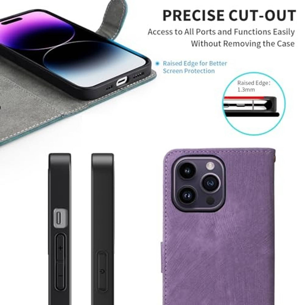 Purple wallet case with raised screen-edge protection and precise access openings