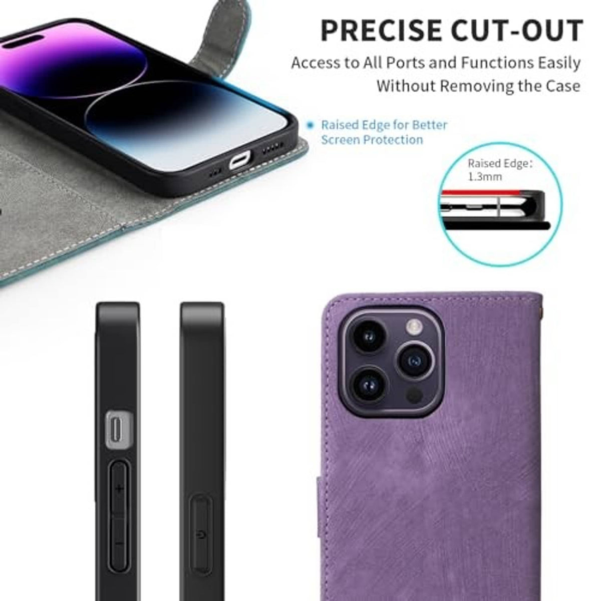 Purple wallet case with raised screen-edge protection and precise access openings
