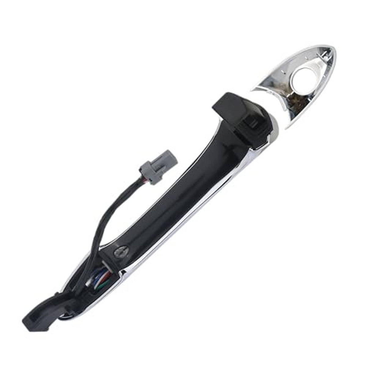 Chrome exterior door handle with keyhole, open back showing wiring harness
