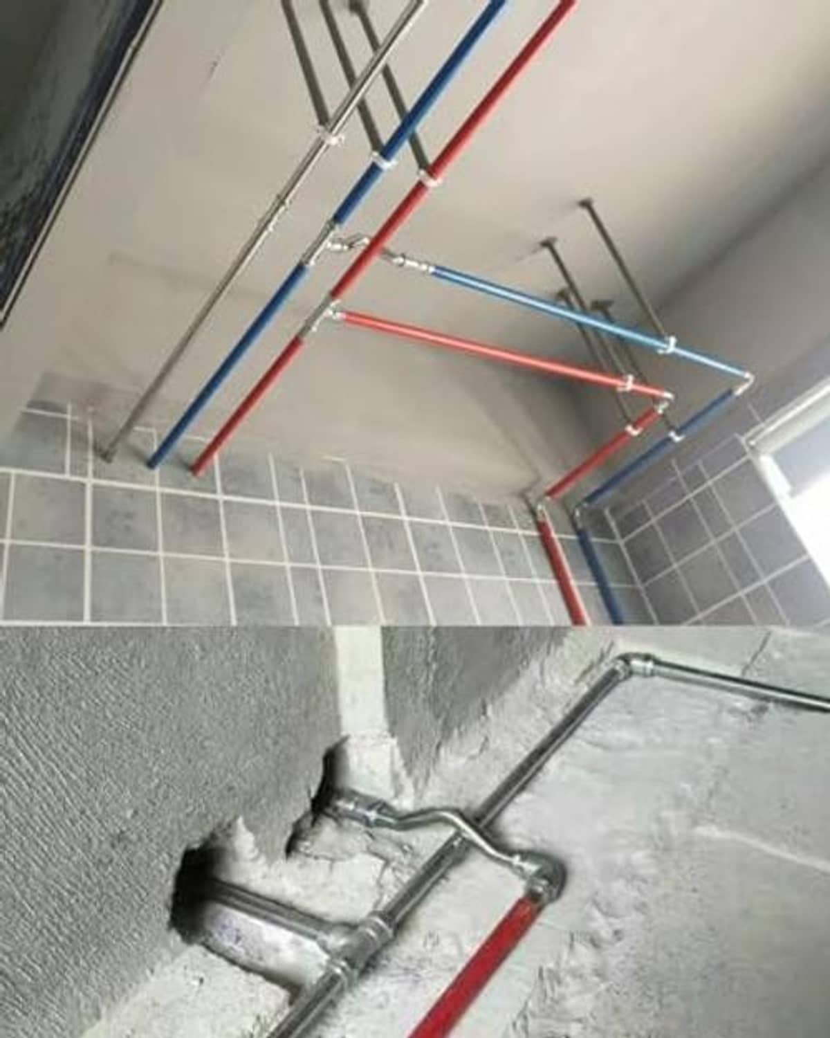 Stainless steel 90-degree elbow fittings on overhead plumbing pipework with threaded connections