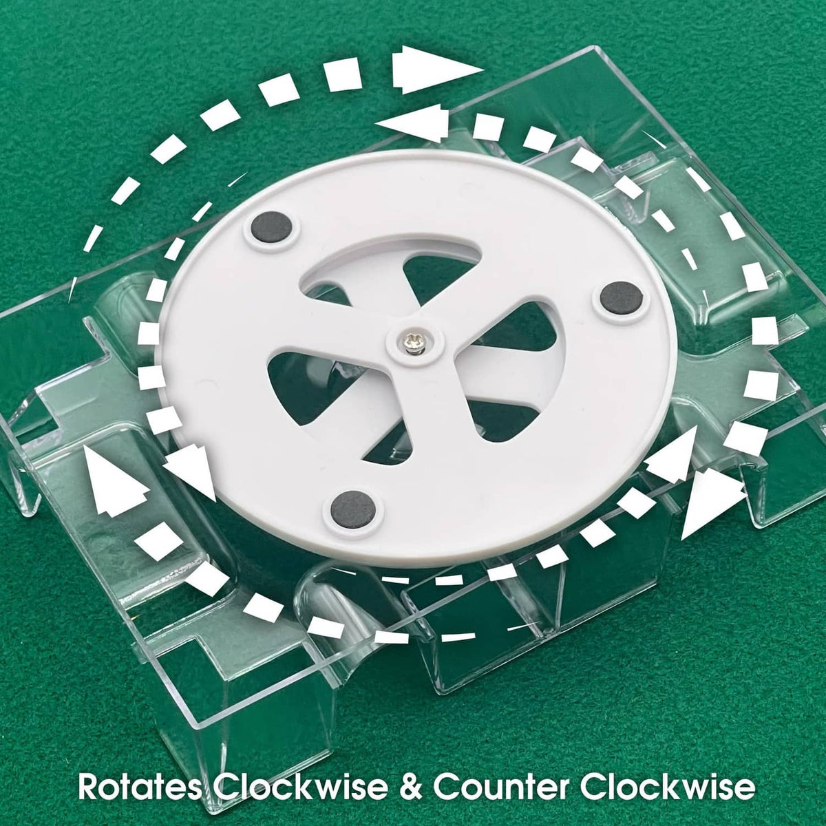 Clear revolving card holder base with supporting arms and circular turn plate