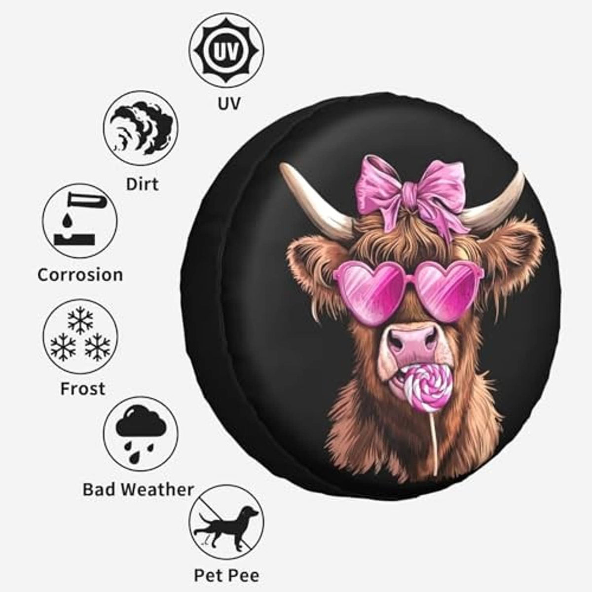Black round tire cover with Highland cow art, plus icons for UV, dirt, corrosion, frost, weather