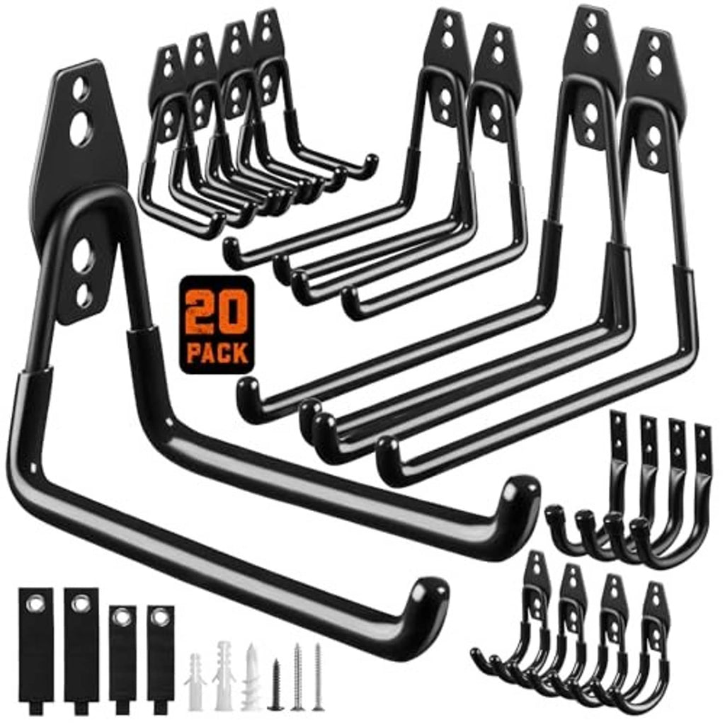 20-pack black steel garage hooks with square hooks and curved arms, plus hardware.