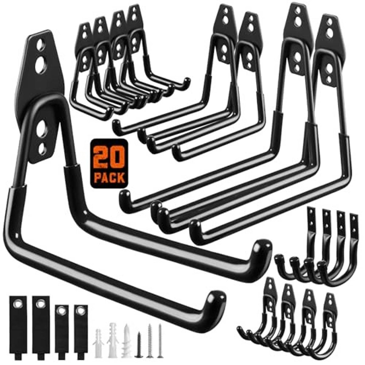 20-pack black steel garage hooks with square hooks and curved arms, plus hardware.