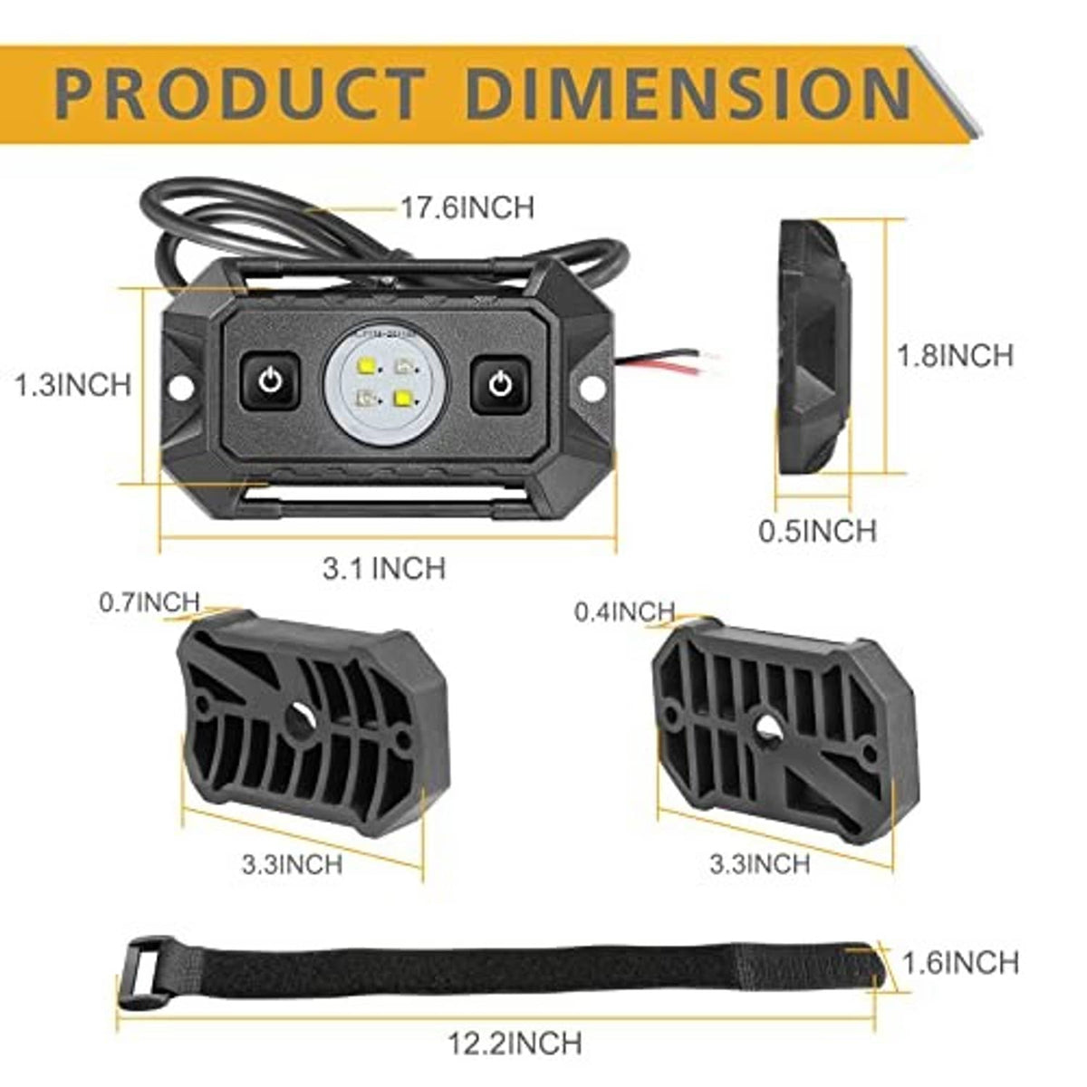 UTV dome light size diagram with round LED lens, mounting pads, and velcro strap
