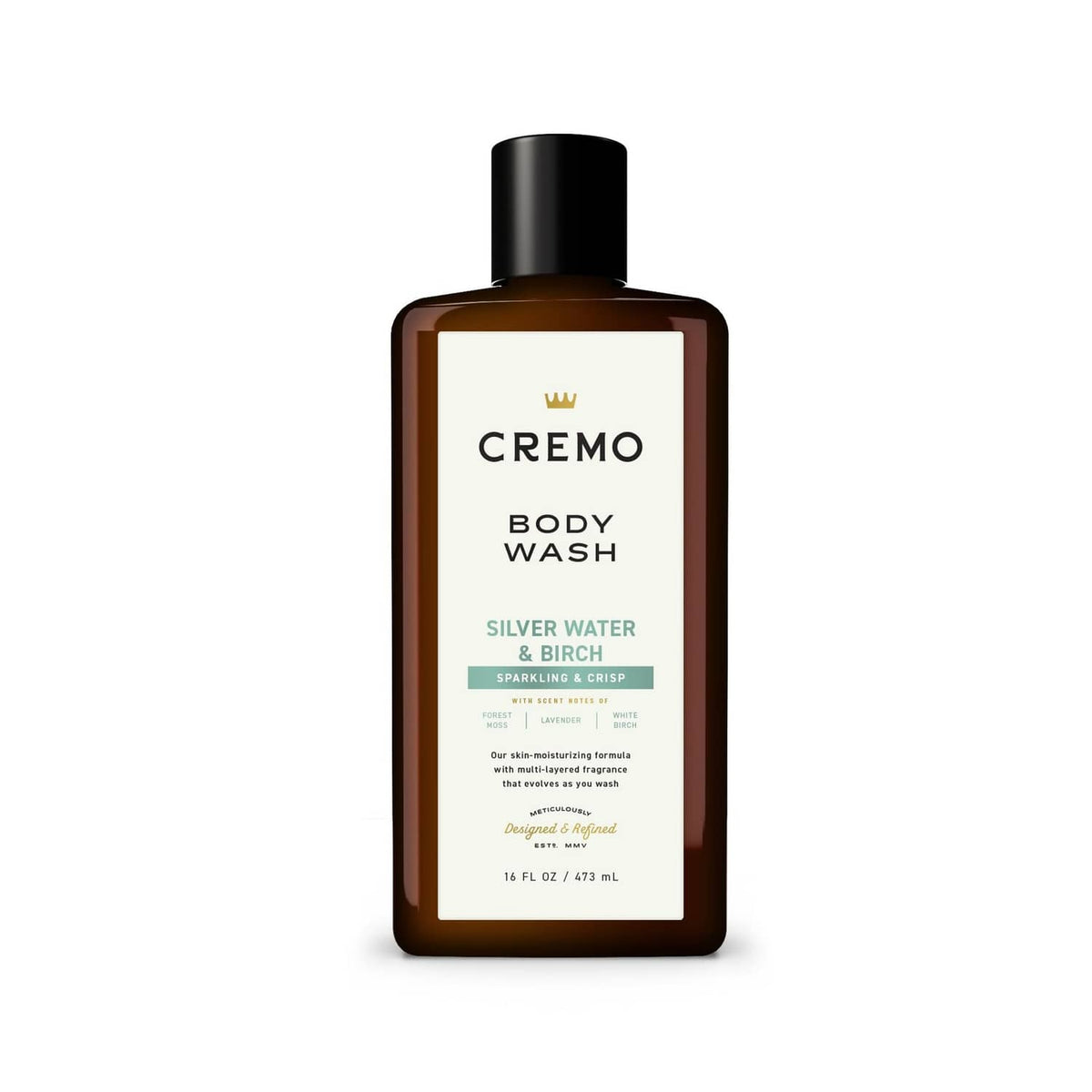 Cremo body wash bottle with Silver Water & Birch front label, amber bottle, black cap