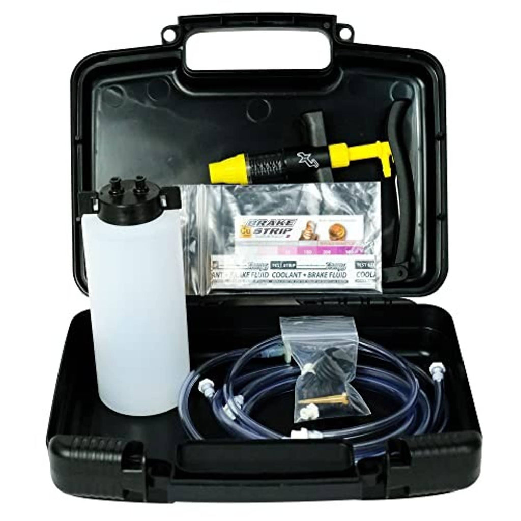 Brake bleeder kit with clear bottle, blue hose, and black hard case with test strips