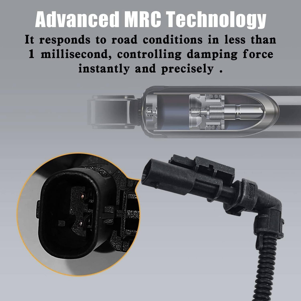 Rear air shock absorber with attached electrical connector and black protective sleeve