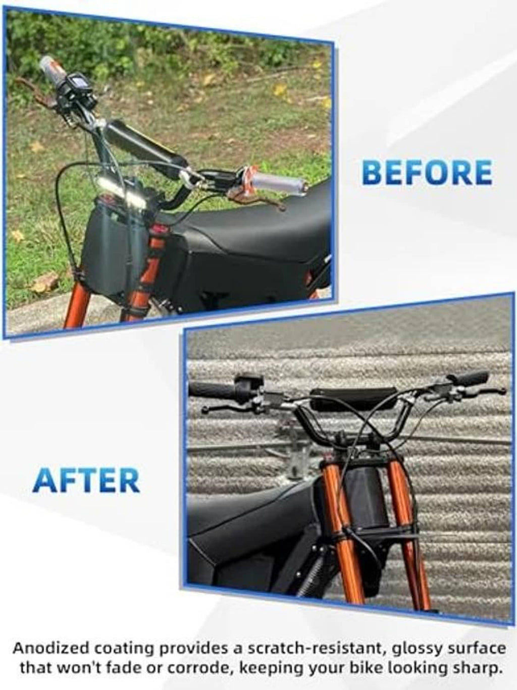 Silver and black brake and clutch levers on orange electric bike handlebar