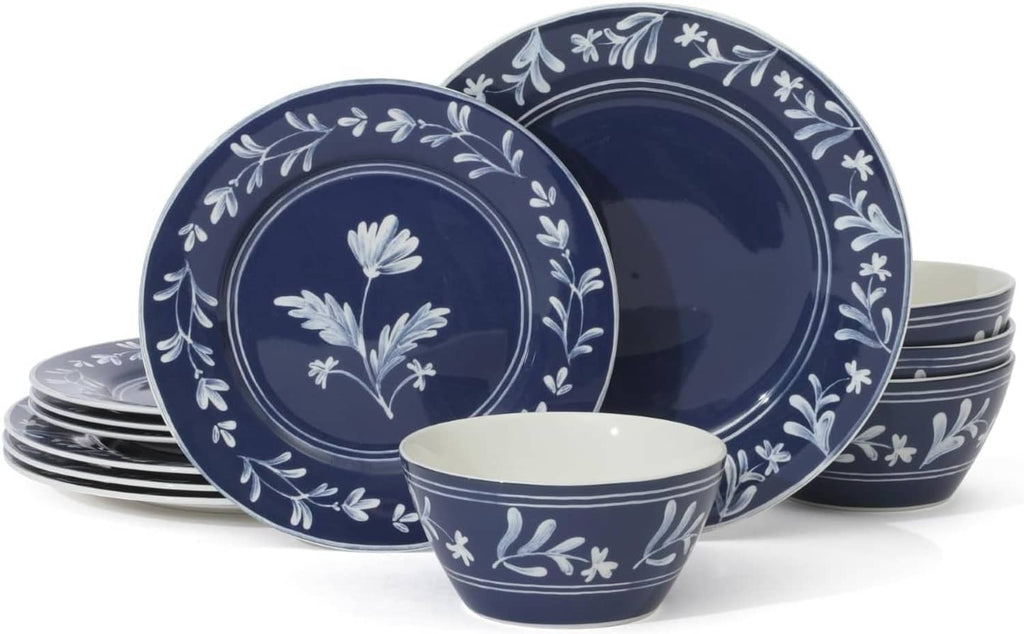 12-piece dinnerware set with sky-blue plates and bowls, white floral crown pattern