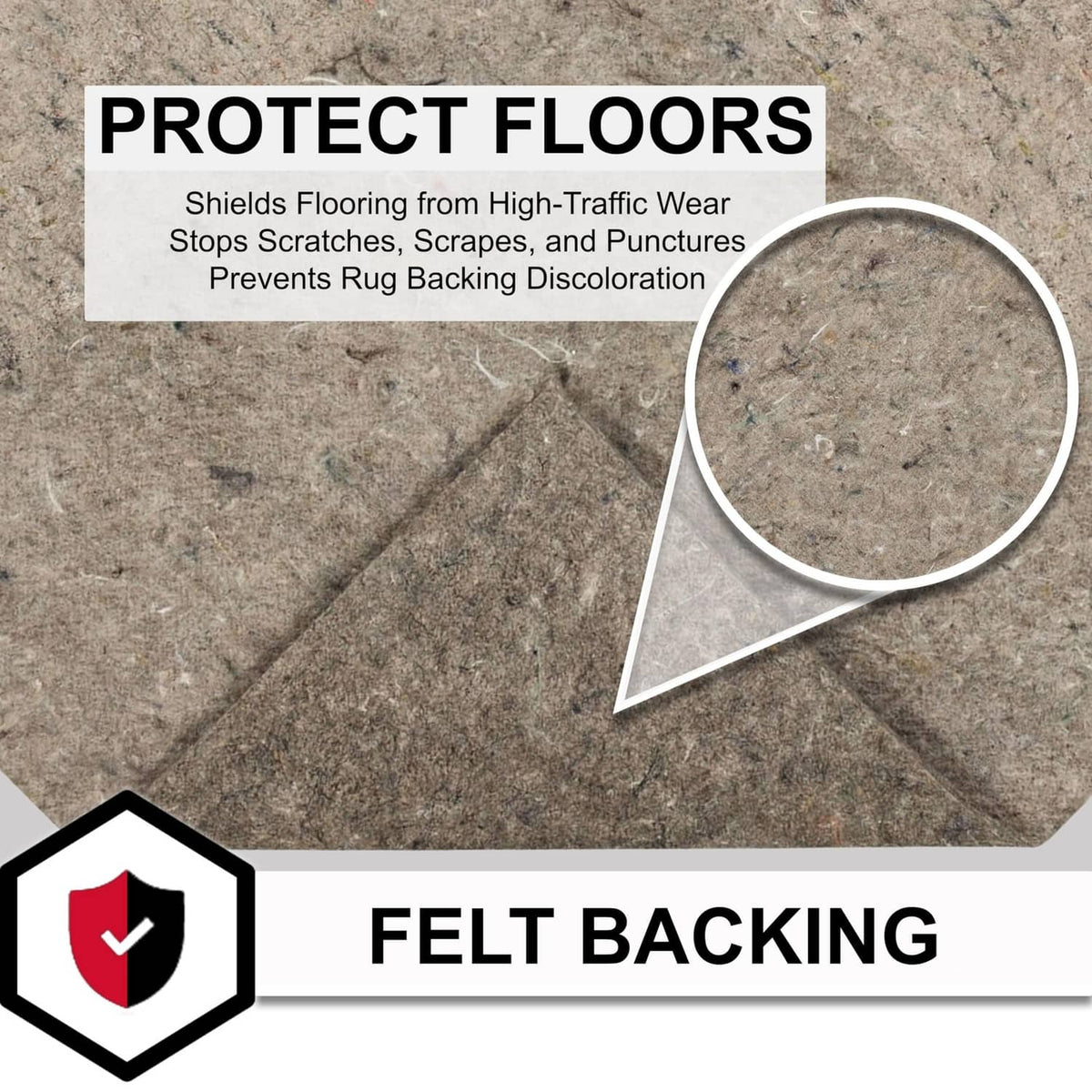 Gray felt rug pad with dense texture, felt backing for floor protection