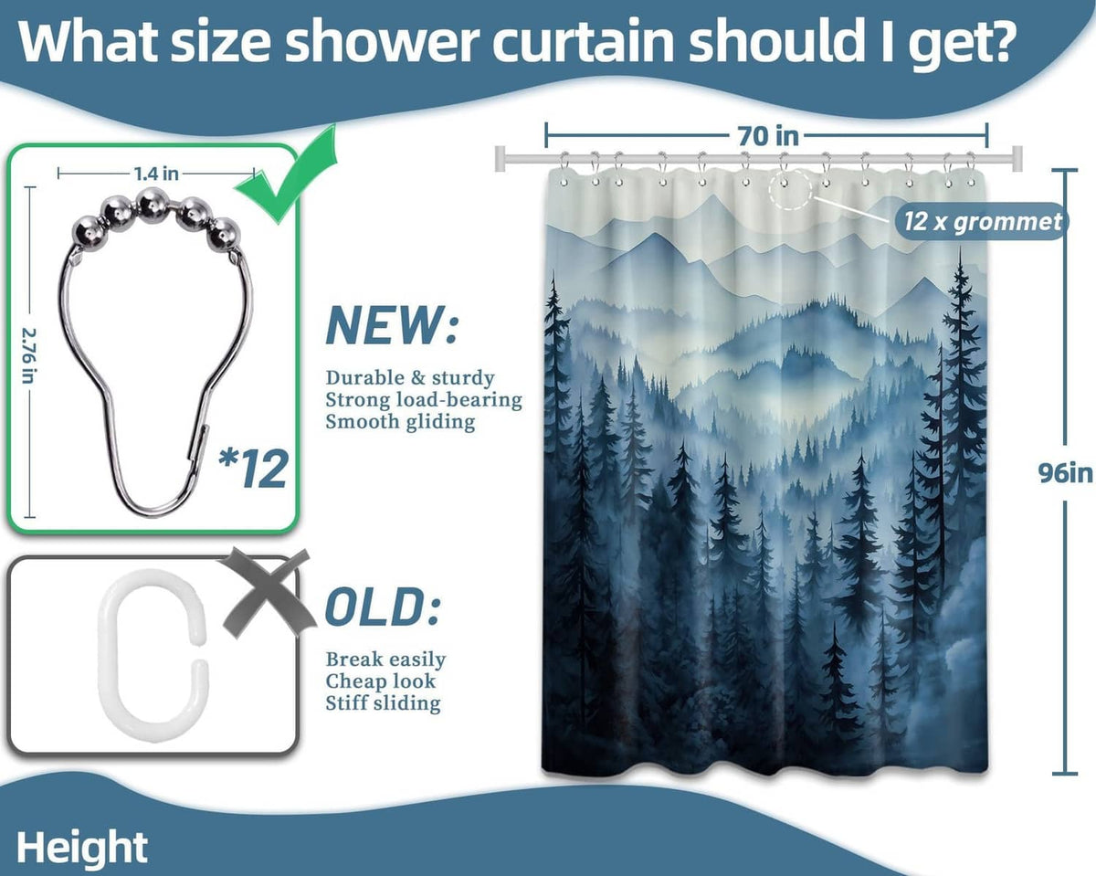 Forest mountain shower curtain with 12 grommets and hanging hook set shown
