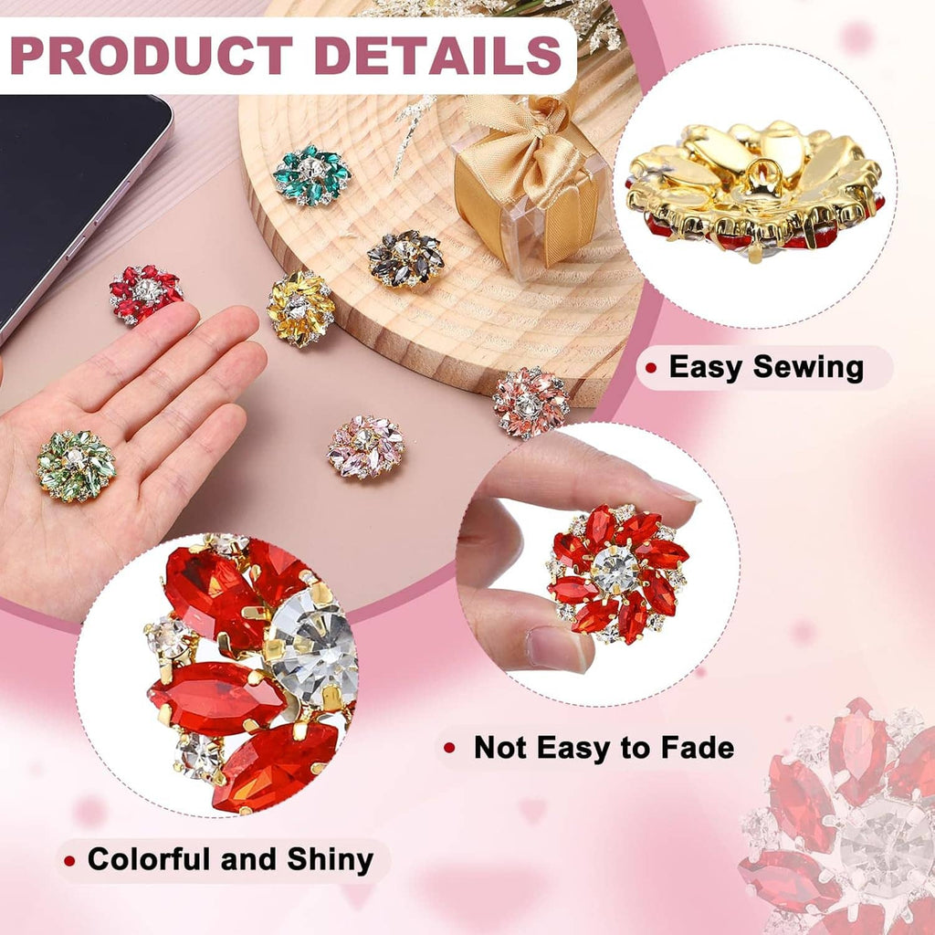 Assorted crystal flower shank buttons in red, green, blue, and yellow on pink fabric
