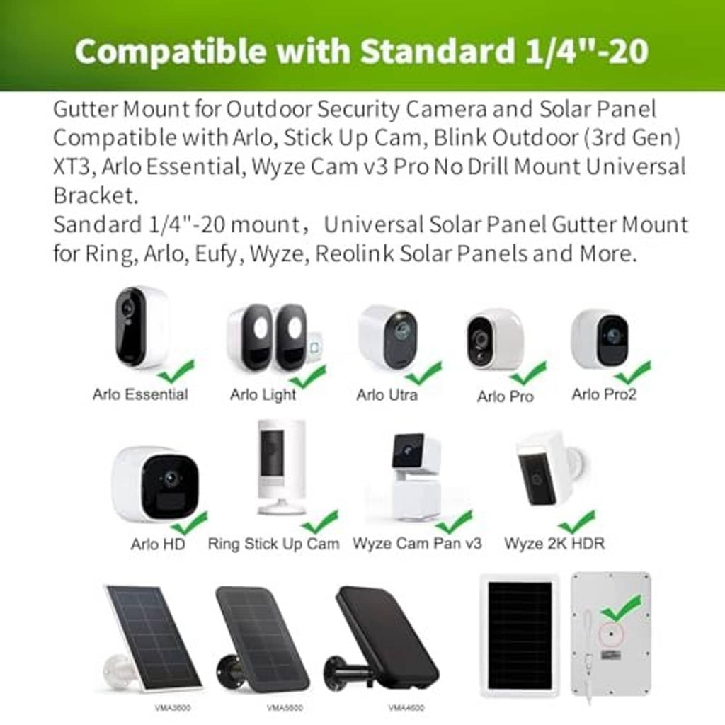 Black outdoor gutter mount bracket for security camera and solar panel with adjustable clamp